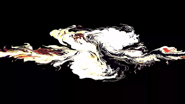 Golden flame smoke fluid dynamics animation on black background