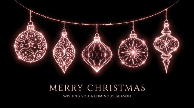 Beautiful elegant pink christmas ornaments are gracefully suspended from a delicate string of twinkling lights against a rich dark backdrop with holiday greetings