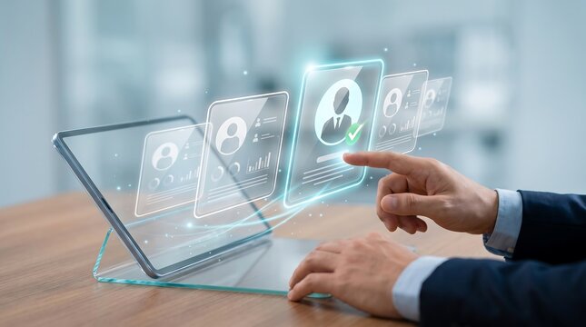 Business executive using tablet with interactive holographic dashboard for candidate screening and employee data management in professional corporate office environment