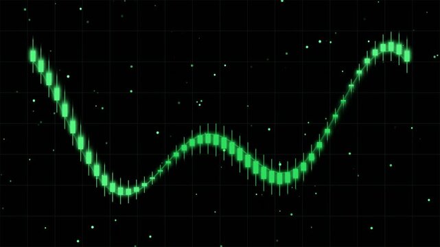 Neon green candlestick chart animation looping against starry night