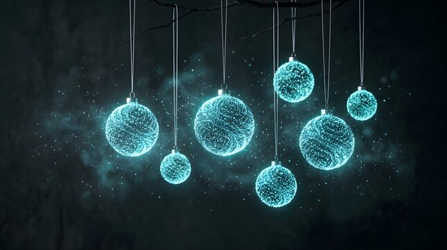 Glowing abstract orbs descend from the ceiling in a dimly lit space forming a modern and futuristic artistic installation