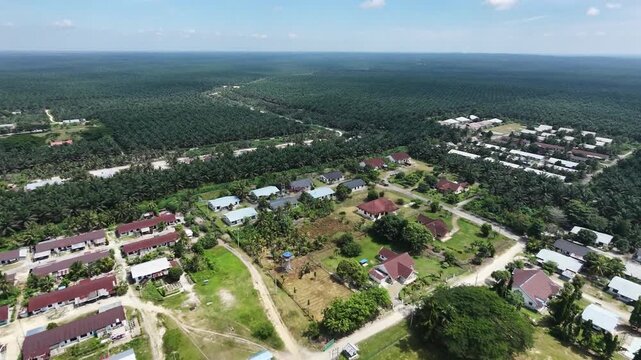 Aerial view of an employee dormitory housing complex for palm oil plantation workers, surrounded by vast green estate fields under a bright sky. Rural communities and agricultural lifestyles.