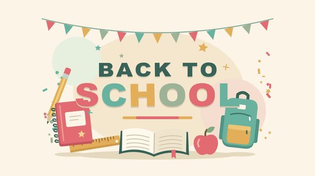 Back to School Text Animation with Supplies and Festive Bunting