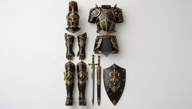 Fantasy black and gold plate armor set flat lay on a white background, including helmet, cuirass, gauntlets, greaves, sword, and decorated shield.