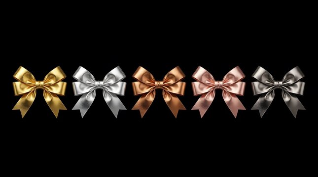 An elegant collection of metallic ribbon bows in gold silver rose gold and bronze against a dark black isolated studio backdrop
