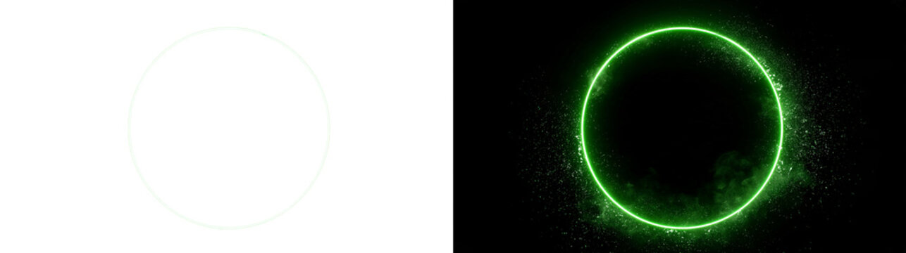 Green neon glowing circle particle frame isolated on transparent background