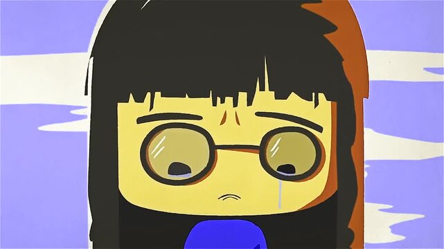 Cute Cartoon Girl with Large Round Glasses and Black Hair, Minimalist Anime Character Illustration with Purple and Blue Background