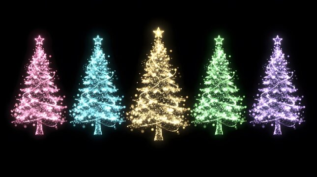 A beautiful and vibrant collection of illuminated christmas trees glows in a full spectrum of brilliant colors set against a dark black background