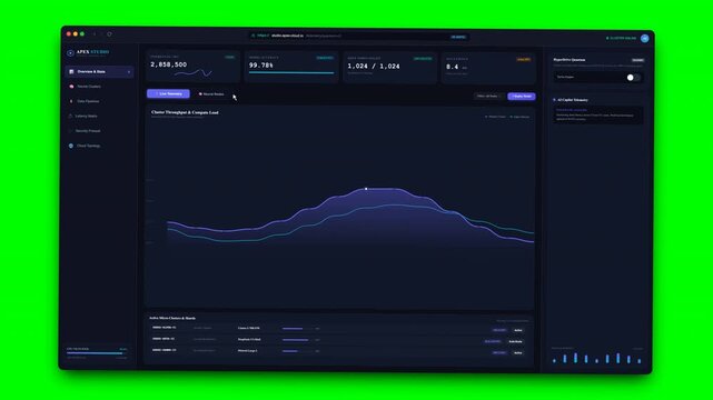 dashboard analytics interface displaying telemetry data and neural network performance metrics on green screen