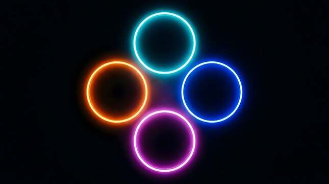 Radiant neon circles in shades of blue orange purple and cyan brightly illuminate a dark backdrop forming a contemporary abstract composition