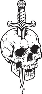 Professional bleeding skull with dagger vector illustration featuring a vintage tattoo style line art graphic. Perfect for apparel printing, t-shirt design, and gothic streetwear projects.