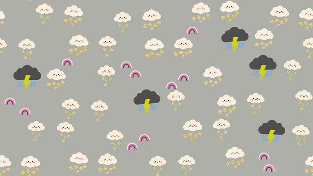 Cute Weather Pattern with Clouds, Snowflakes, Rainbows, and Lightning