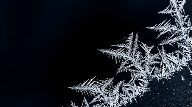 Detailed frost patterns beautifully cover a dark windowpane forming a stunning winter landscape with delicate and intricate ice crystal formations