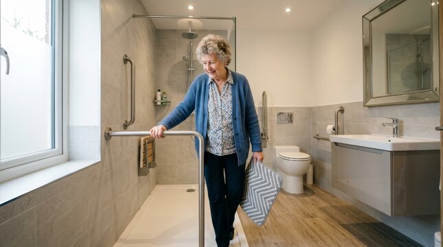 Senior woman using walker in modern bathroom setup.