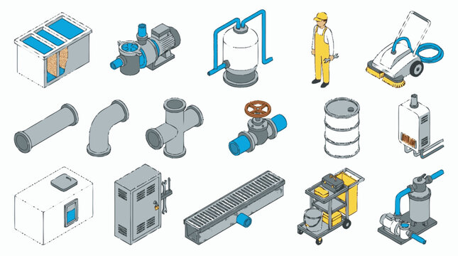 Industrial Equipment and Plumbing Components Line Art Collection