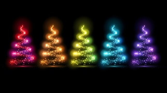 A beautifully lit collection of christmas trees glows with all the colors of the rainbow on a dark black backdrop