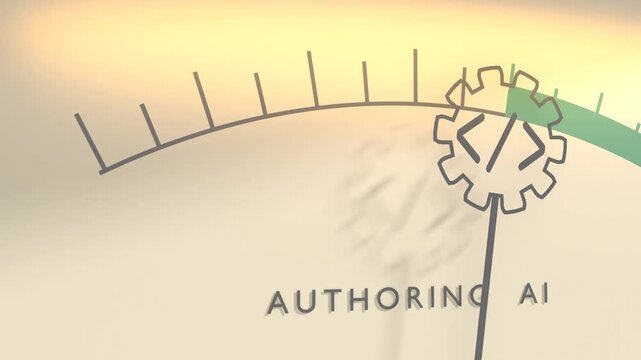 A gauge meter features a scale and a gear code icon on the needle. The label authoring ai symbolizes automated content creation.