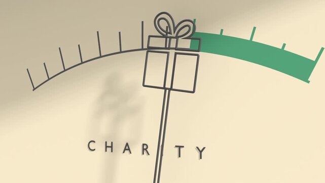 A gauge meter with a scale and a gift box icon on the needle, labeled charity, symbolizing generosity and giving.