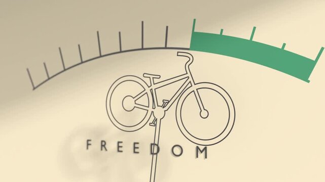 A gauge meter features a scale and a bicycle icon on the needle. The label freedom symbolizes independence and mobility.