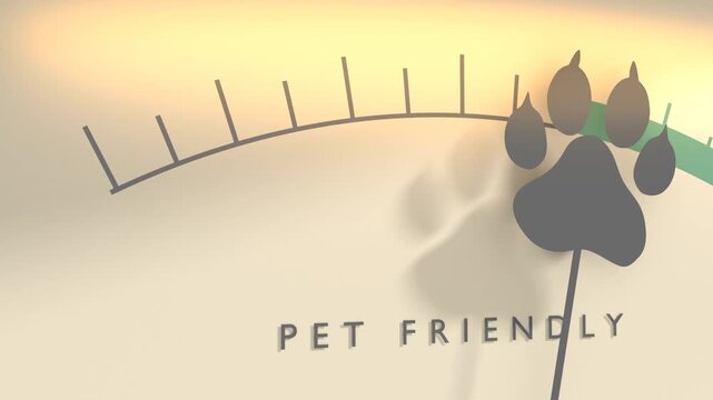 A gauge meter features a scale and a paw print icon on the needle. The label pet friendly symbolizes animal accommodation.