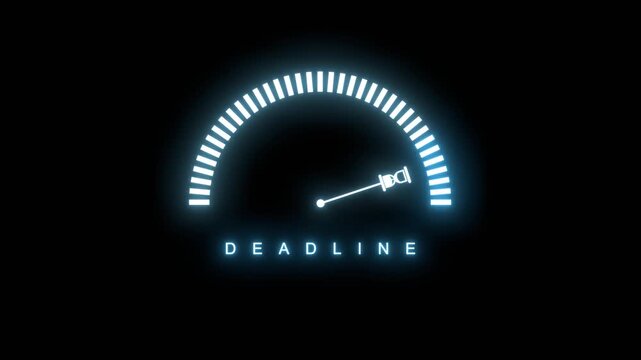 A glowing neon tick dial scale with an hourglass pointer reads DEADLINE in a high zone. It presents time pressure, schedule, planning, management, project, task, countdown, urgency, stress and rush.