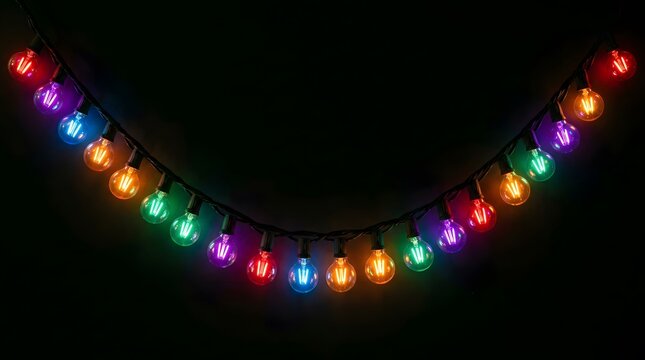 A beautiful and vibrant string of colorful led lights gently curves and flows against a dark background creating a celebratory mood