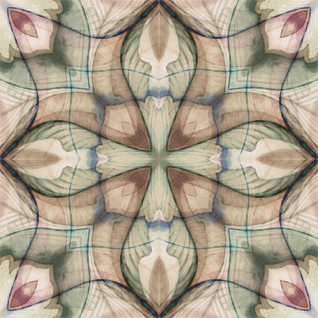 Seamless symmetrical floral geometric pattern with soft sage green dusty pink beige and blue gray tones
