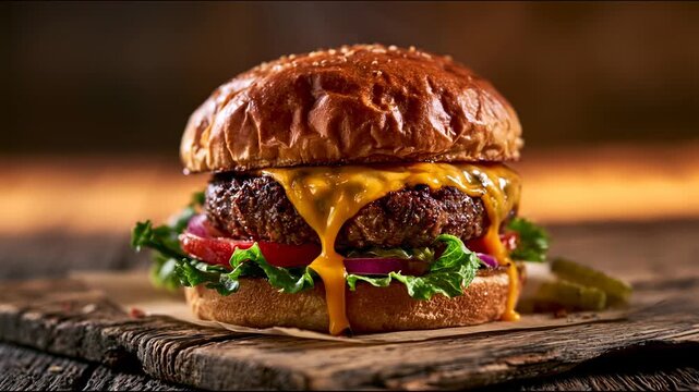 Juicy beef burger with melted cheese on toasted bun for restaurant