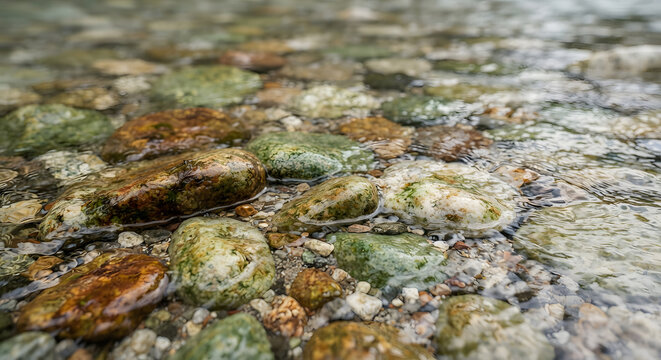 Clear water flowing over smooth colorful river stones
