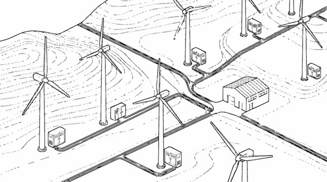 Wind Turbine Farm Network with Electrical Grid and Control Stations