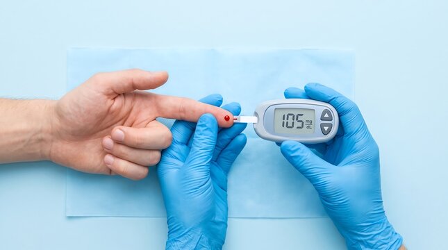 Medical professional wearing blue gloves testing blood glucose level from a finger on a blue background with digital glucometer measure