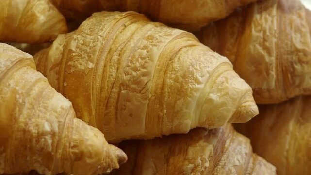 Golden brown croissants stacked in a bakery display pattern