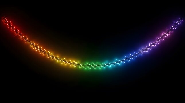 A vibrant abstract rainbow streak of light gracefully flows and curves across a dark black background creating a dynamic colorful and energetic visual