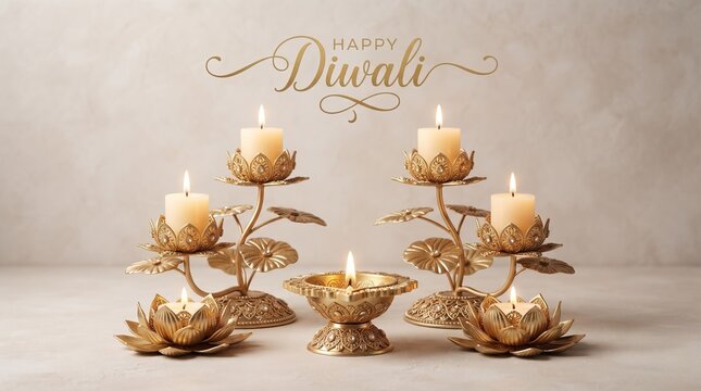 A photograph of a serene, symmetrical Diwali display on a light background. A central ornate diya sits in front of four decorative gold lotus-shaped stands on different levels, each holding a lit cand