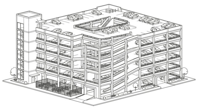 Multi Level Car Parking Structure with Elevated Walkways and Bike Storage