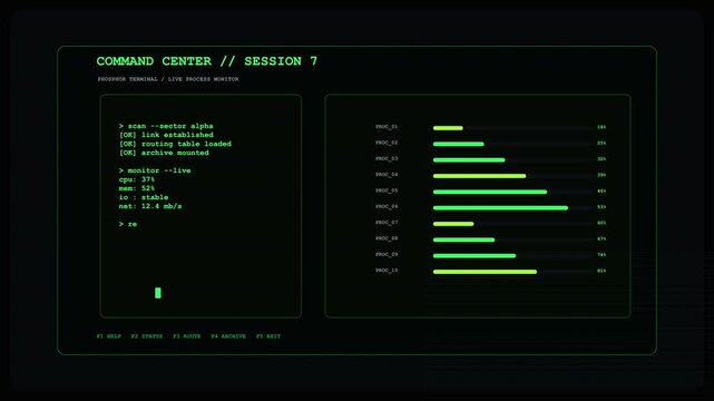 Old Computer Terminal Green Data Statistics Dashboard With Progress Bars And Information List