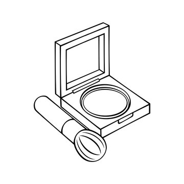 Isometric black and white line art vector illustration of cosmetic makeup compact powder case and makeup brush