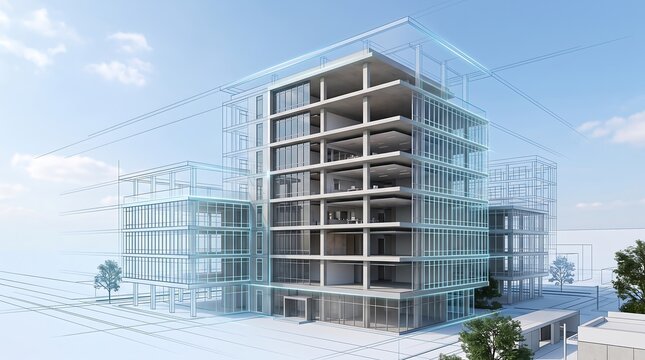 Modern office building structure with transparent glass facade and blue structural wireframe overlay showing internal engineering design and BIM modeling concept in 3d render