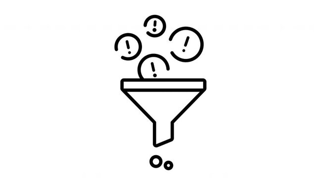 Animated Circular exclamation point notification icons white funnel graphic black linear style.