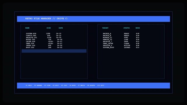 Old Computer Terminal Minimalist Data Dashboard Interface With Blue Accent Bars And White Text Lists