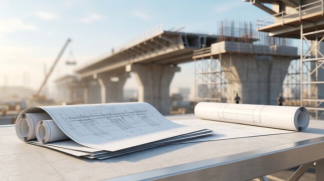 Blueprints of road construction project lying on table at building site with unfinished bridge infrastructure in background during day for engineering and architecture planning concept