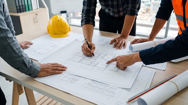Architects and engineers reviewing building blueprints on table with yellow hard hat in construction site office for collaborative professional planning and team project management work