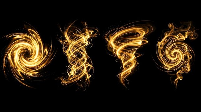 Four glowing golden spiral forms set against a dark black backdrop illustrate energy movement and represent abstract cosmic events and phenomena