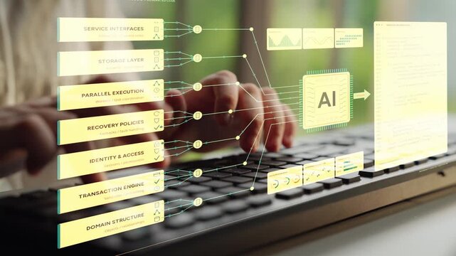 Hands type on a keyboard. Software requirements move through an AI coding process that brings service design, data storage and domain objects together in a connected implementation.