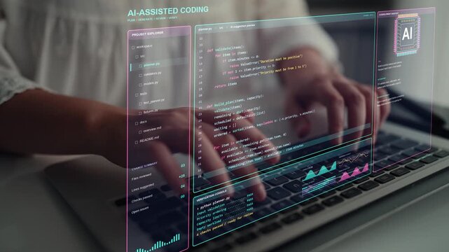 Work continues on a laptop. Code suggestions and automated checks support the development of a task planner, illustrating collaboration between human requirements and AI assistance.