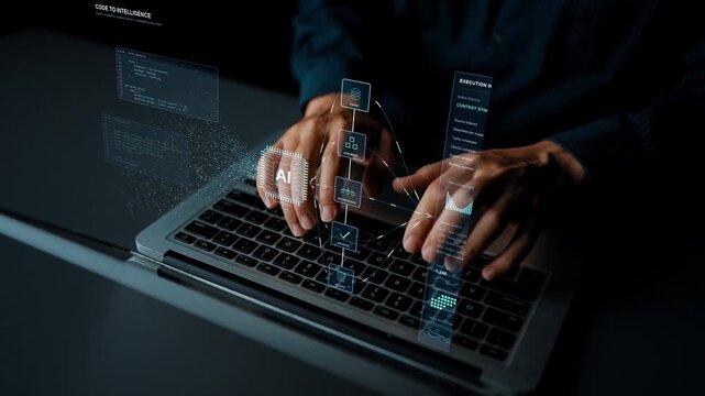 AI specialist works on a laptop. An AI software pipeline organizes incoming code through contextual analysis, connecting parsing and assembly with validation and the tracking of execution results.