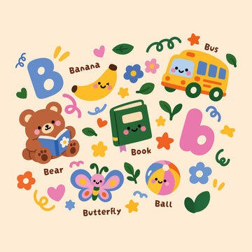 VECTOR ALPHABET B THINGS ANMAL FRUIT