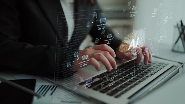 An AI knowledge network connects research notes, project files and business records, illustrating contextual access to information across an organization.