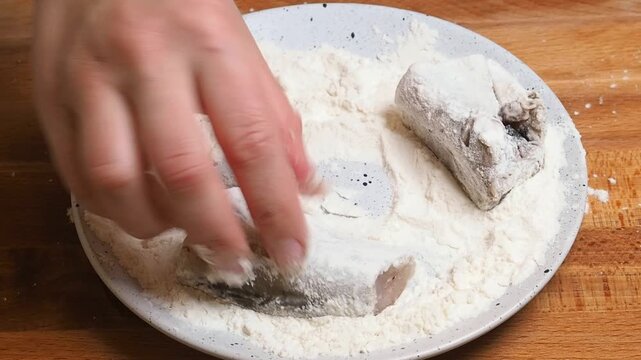 Cook coats raw pieces of pollock fish in flour for frying.