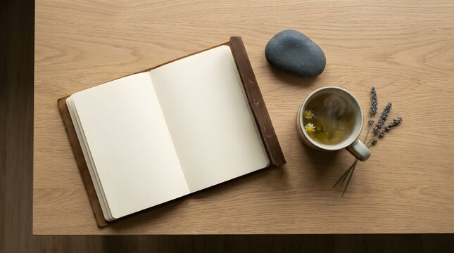 Calm Contemplation: An open journal lies next to a cup of herbal tea and a smooth stone on a wooden desk, inviting moments of quiet reflection and mindfulness.
